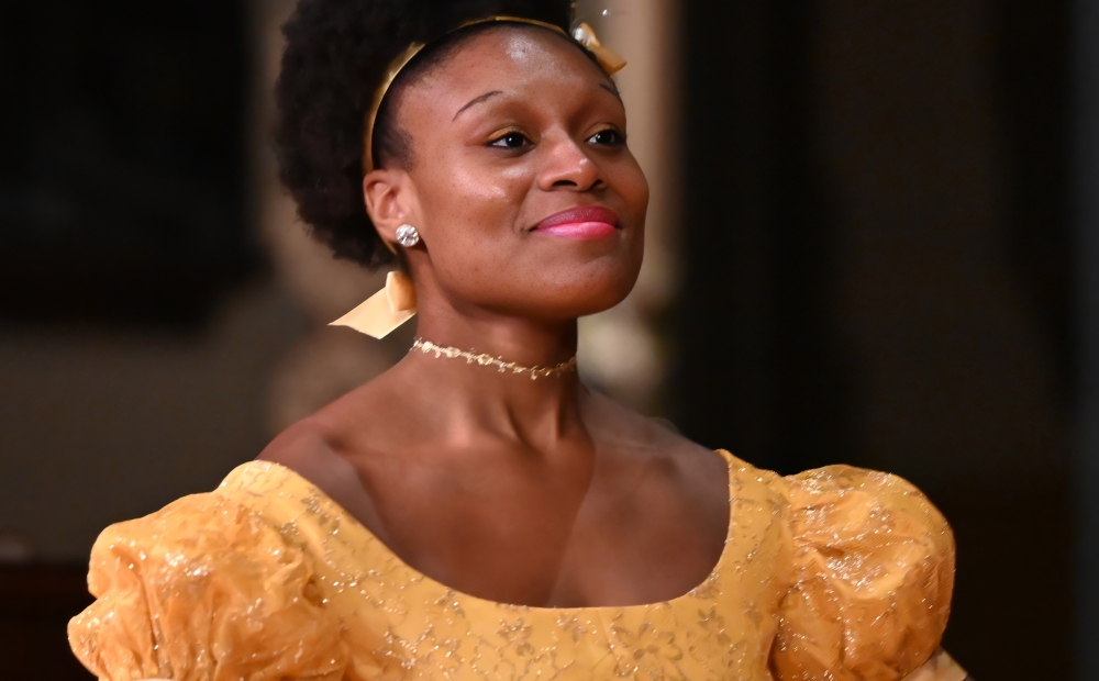 Close-up picture of a dancer in historic costume. 